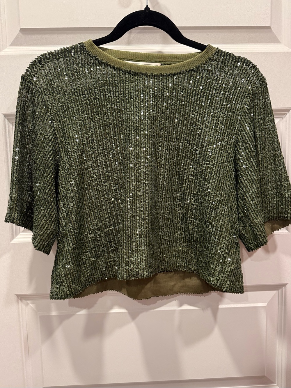 Olive Sequin Short-Sleeve Crop Knit Top
